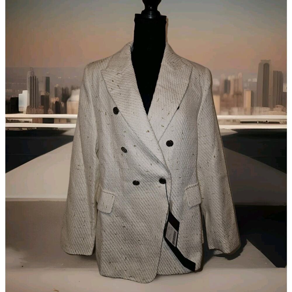 NWT! Mina Self Tweed Blazer Jacket Ivory Double Breasted Pockets Size L